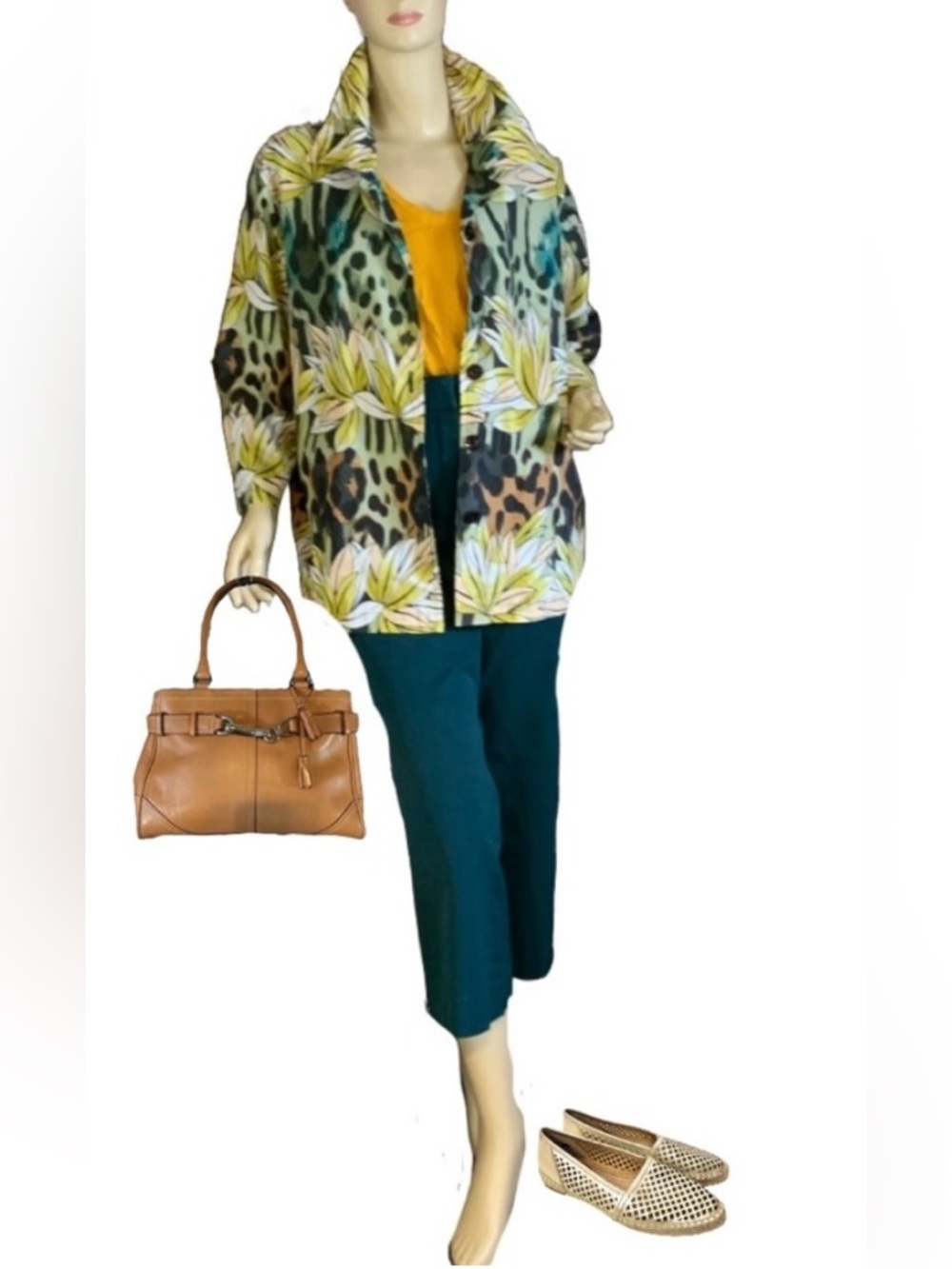 LIFE STYLE WOMAN CHARTREUSE & TEAL COTTON JACKET TOP (1X)